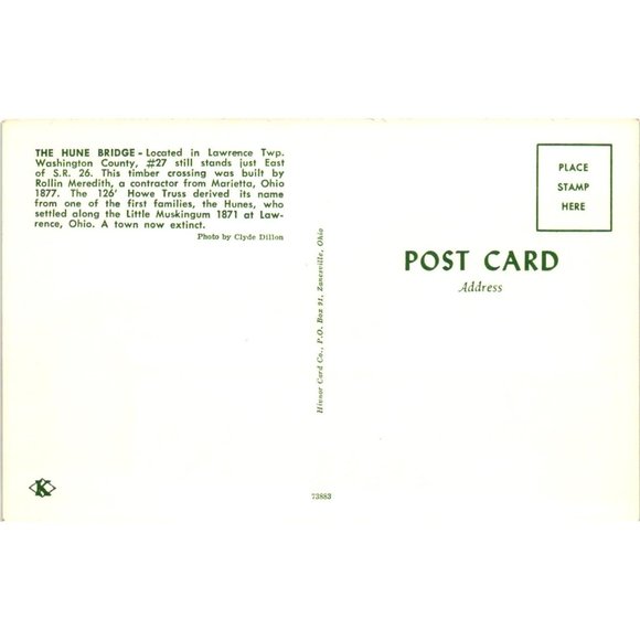 The Hune Covered Bridge Postcard Travel Souvenir Unposted Washington County Ohio - Picture 2 of 2